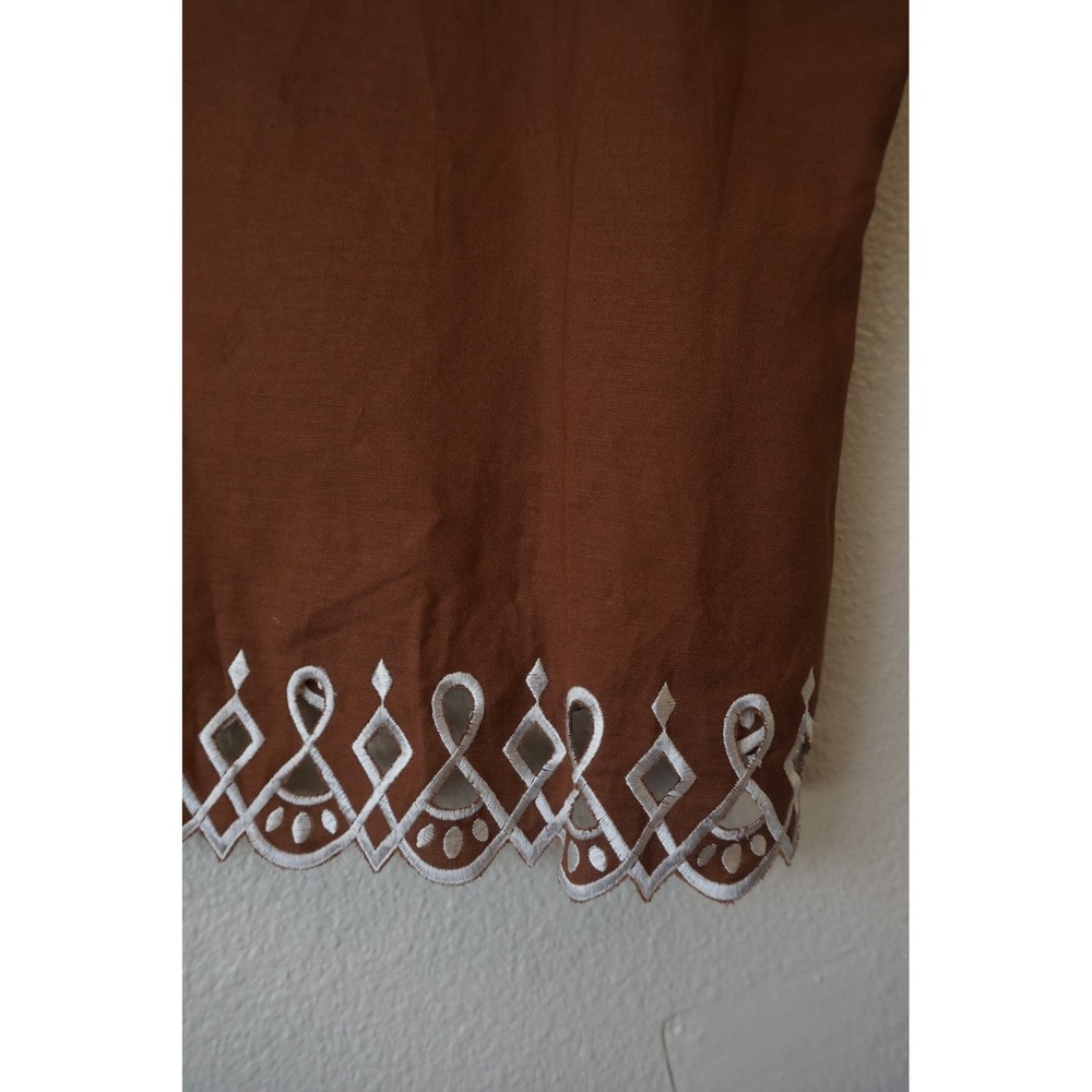 Bob Mackie Tank Top Linen Blend Embroidered Scalloped Hem Lagenlook Brown XL - Picture 2 of 6